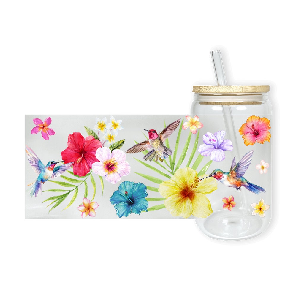 Hibiscus Flower Iced Coffee Cup, 16oz Glass Sipper Cup, Soda Can Glass Lid+ Straw, Birthday Gift, Floral Hummingbird Summer Drinking Glass