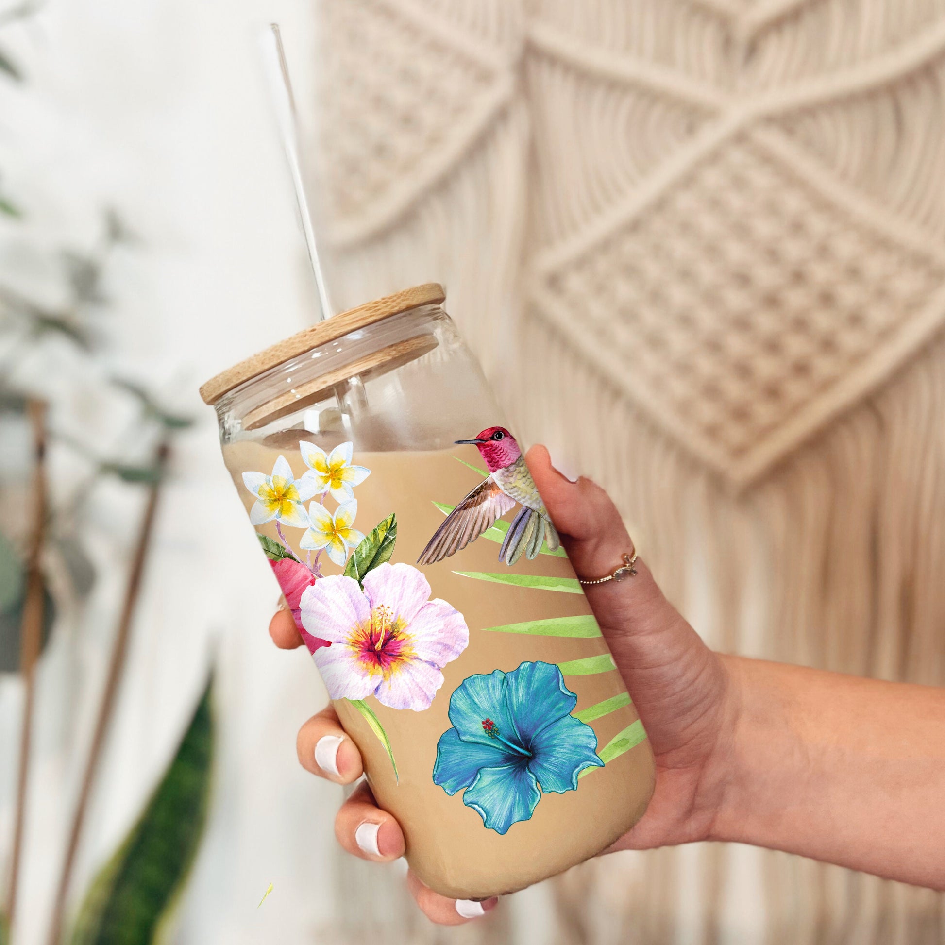 Hibiscus Flower Iced Coffee Cup, 16oz Glass Sipper Cup, Soda Can Glass Lid+ Straw, Birthday Gift, Floral Hummingbird Summer Drinking Glass