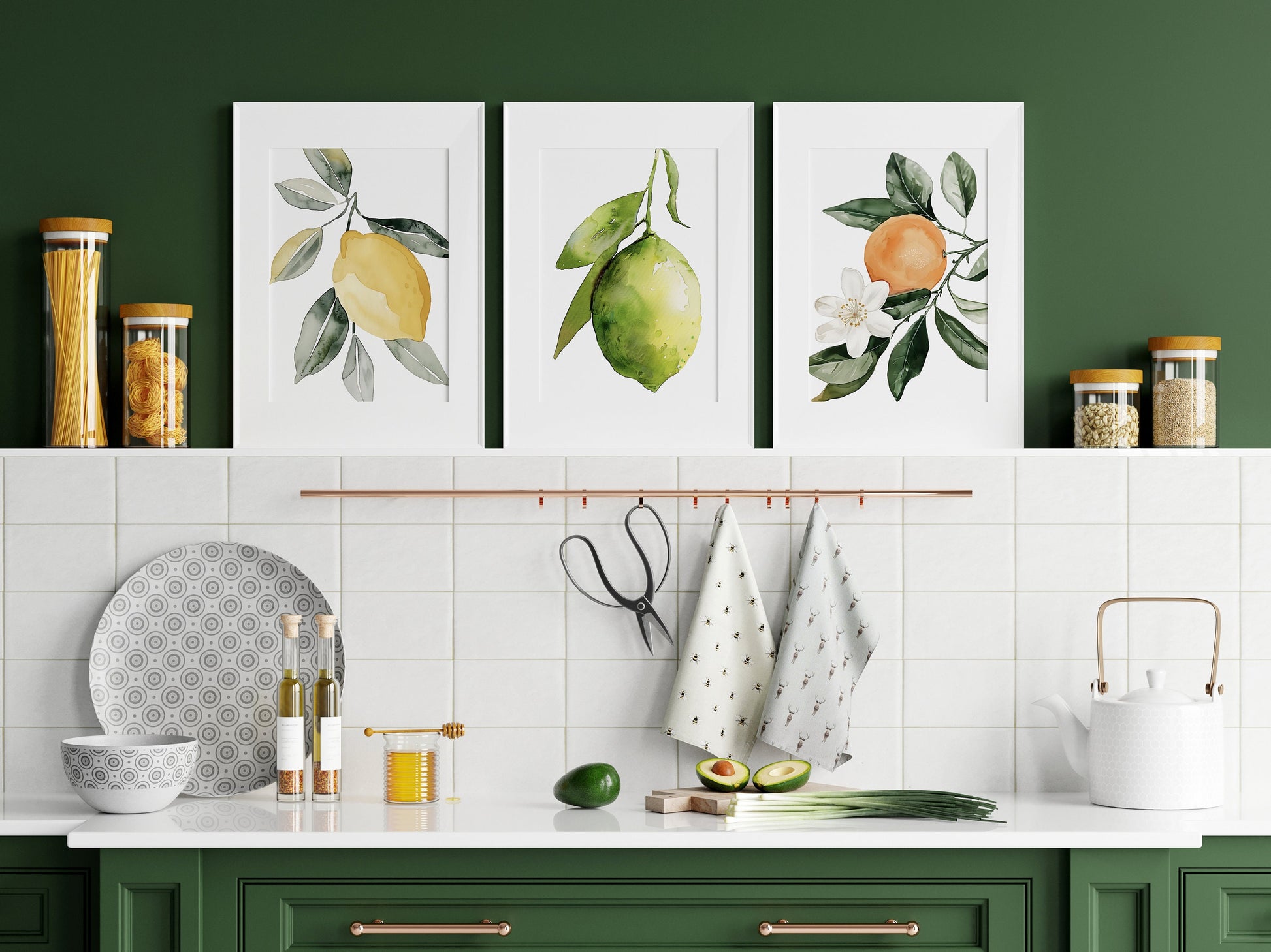 Watercolor Set of 3 Lemon Lime Orange Wall Art Cottagecore Botanical Illustration Print Nature Fruit Art Floral Citrus Food Digital Download