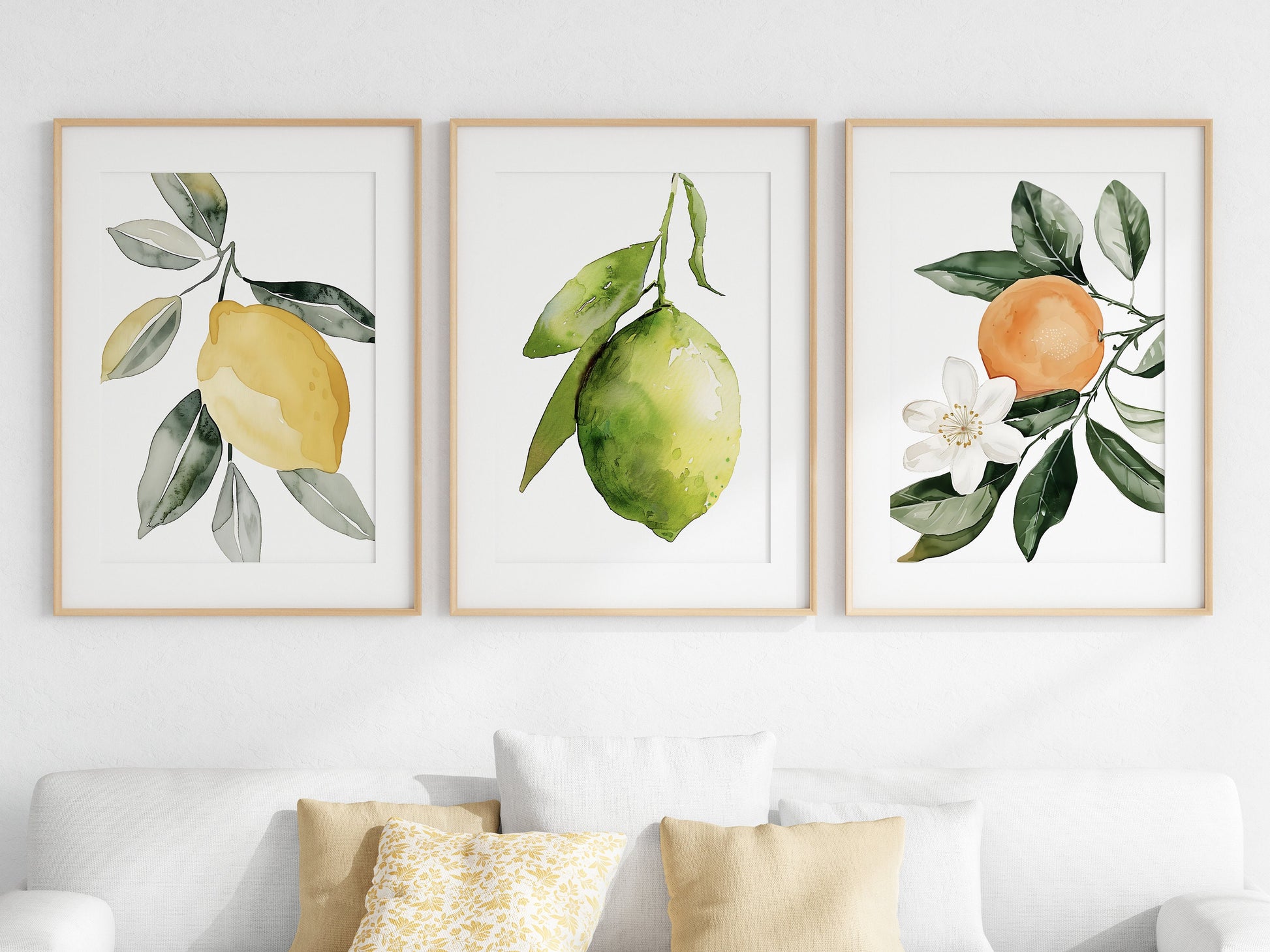 Watercolor Set of 3 Lemon Lime Orange Wall Art Cottagecore Botanical Illustration Print Nature Fruit Art Floral Citrus Food Digital Download