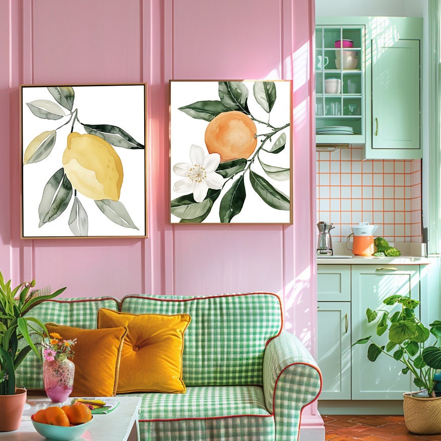 Watercolor Set of 3 Lemon Lime Orange Wall Art Cottagecore Botanical Illustration Print Nature Fruit Art Floral Citrus Food Digital Download