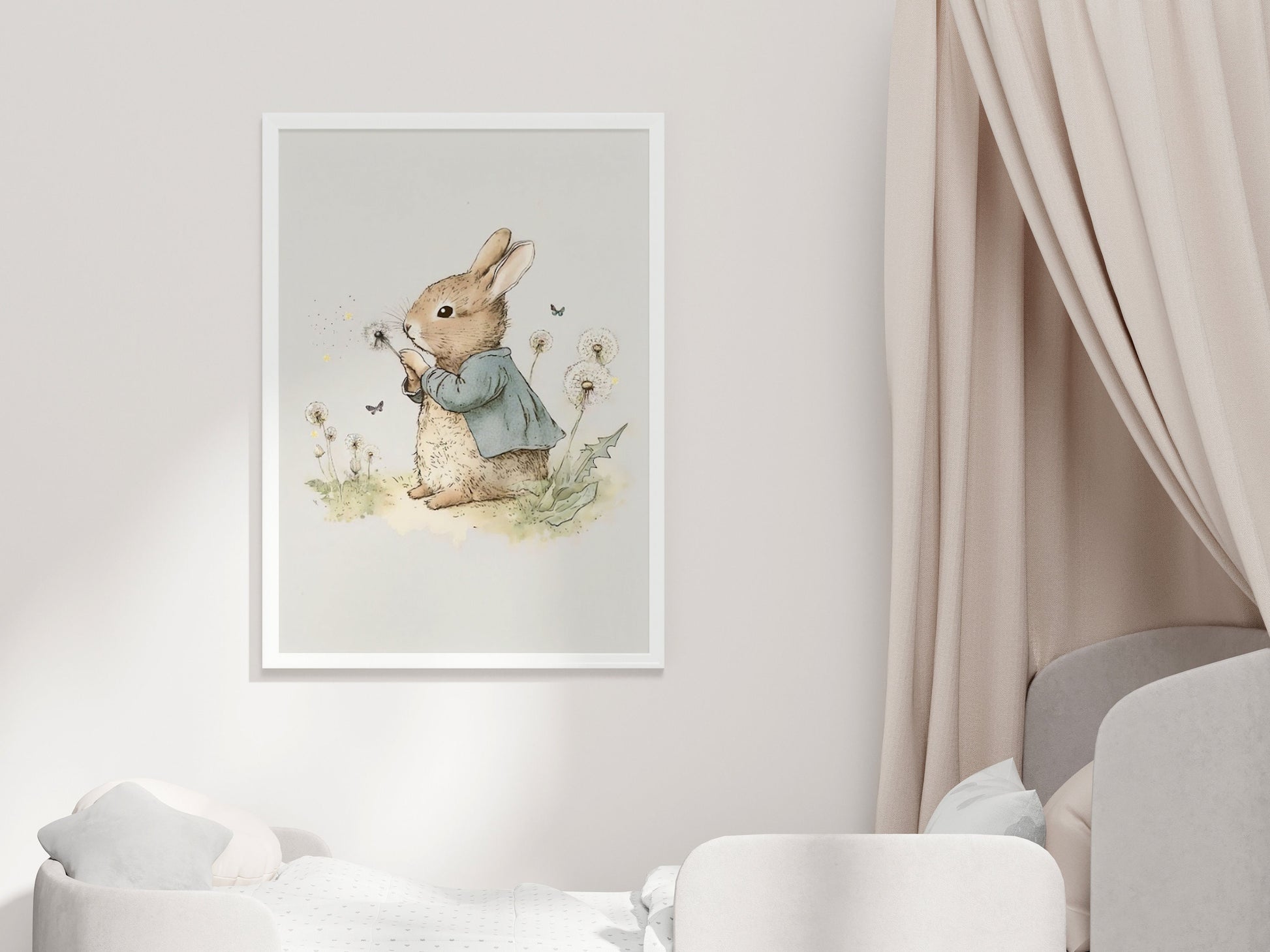 Bunny Rabbit with Dandelion Wall Art, Softness Nursery Art Prints, Watercolor Illustration Cottagecore Printable Decor, Instant Download