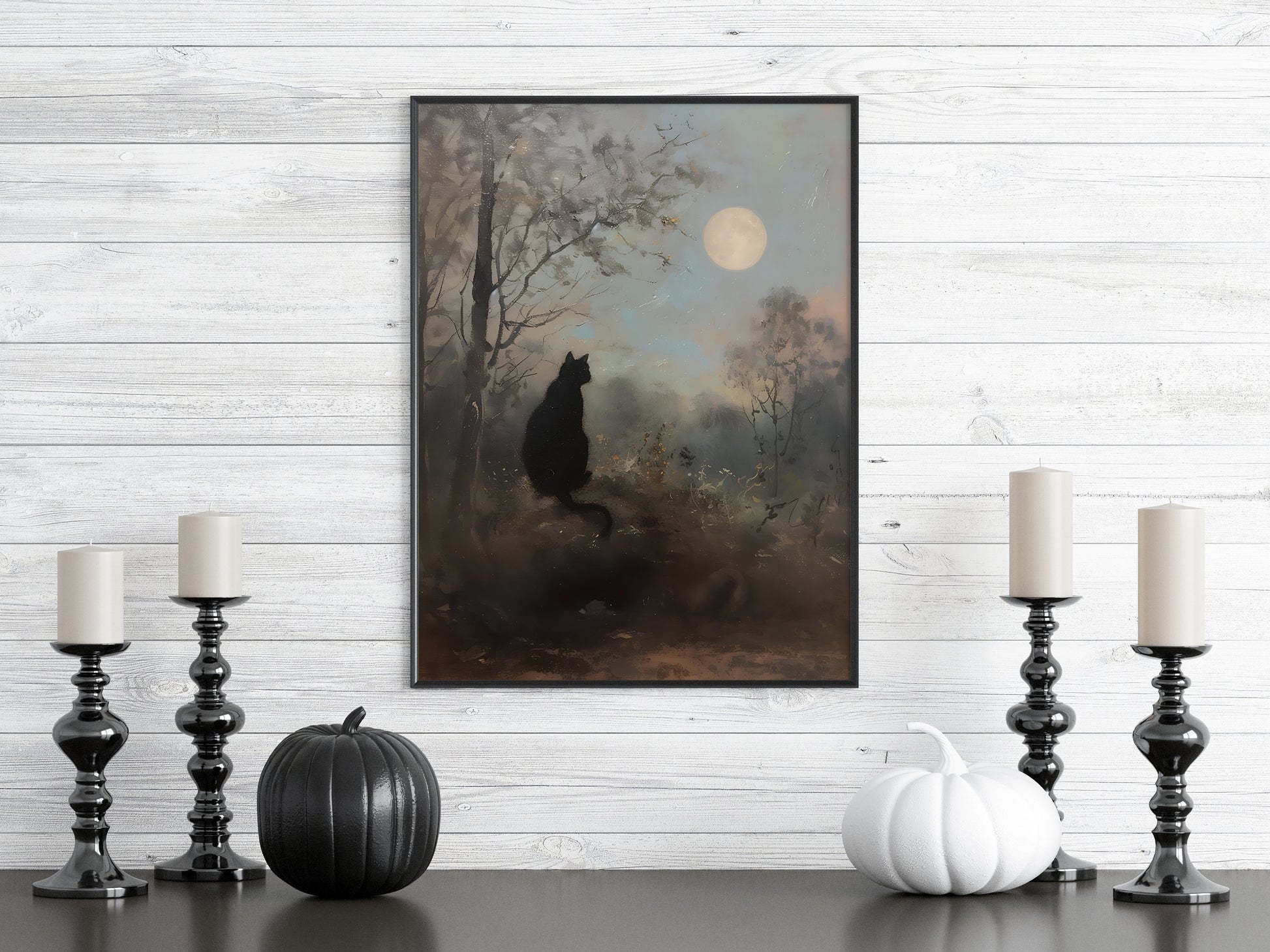 Black Cat Moon Night Sky Wall Art, Softness Woodland Art Print Halloween Kitty Printable, Spooky Forest Witch Vibes, Nature Digital Download