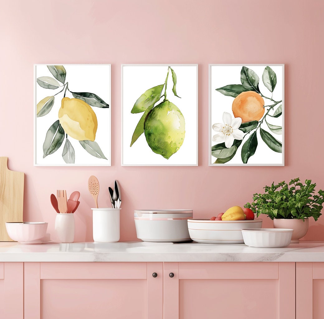 Watercolor Set of 3 Lemon Lime Orange Wall Art Cottagecore Botanical Illustration Print Nature Fruit Art Floral Citrus Food Digital Download