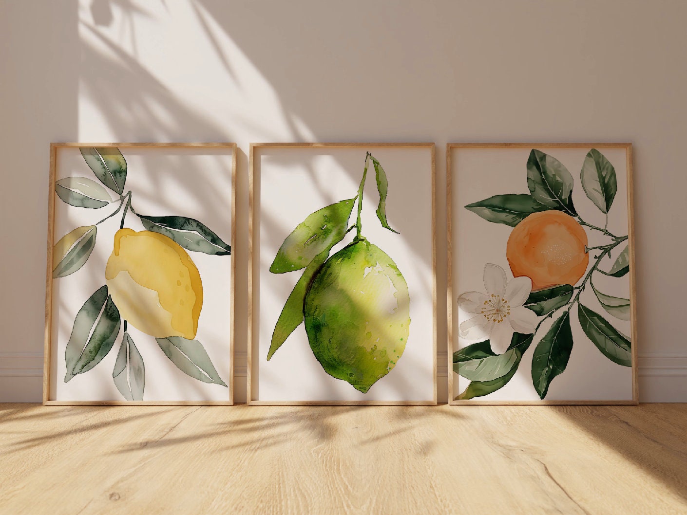 Watercolor Set of 3 Lemon Lime Orange Wall Art Cottagecore Botanical Illustration Print Nature Fruit Art Floral Citrus Food Digital Download