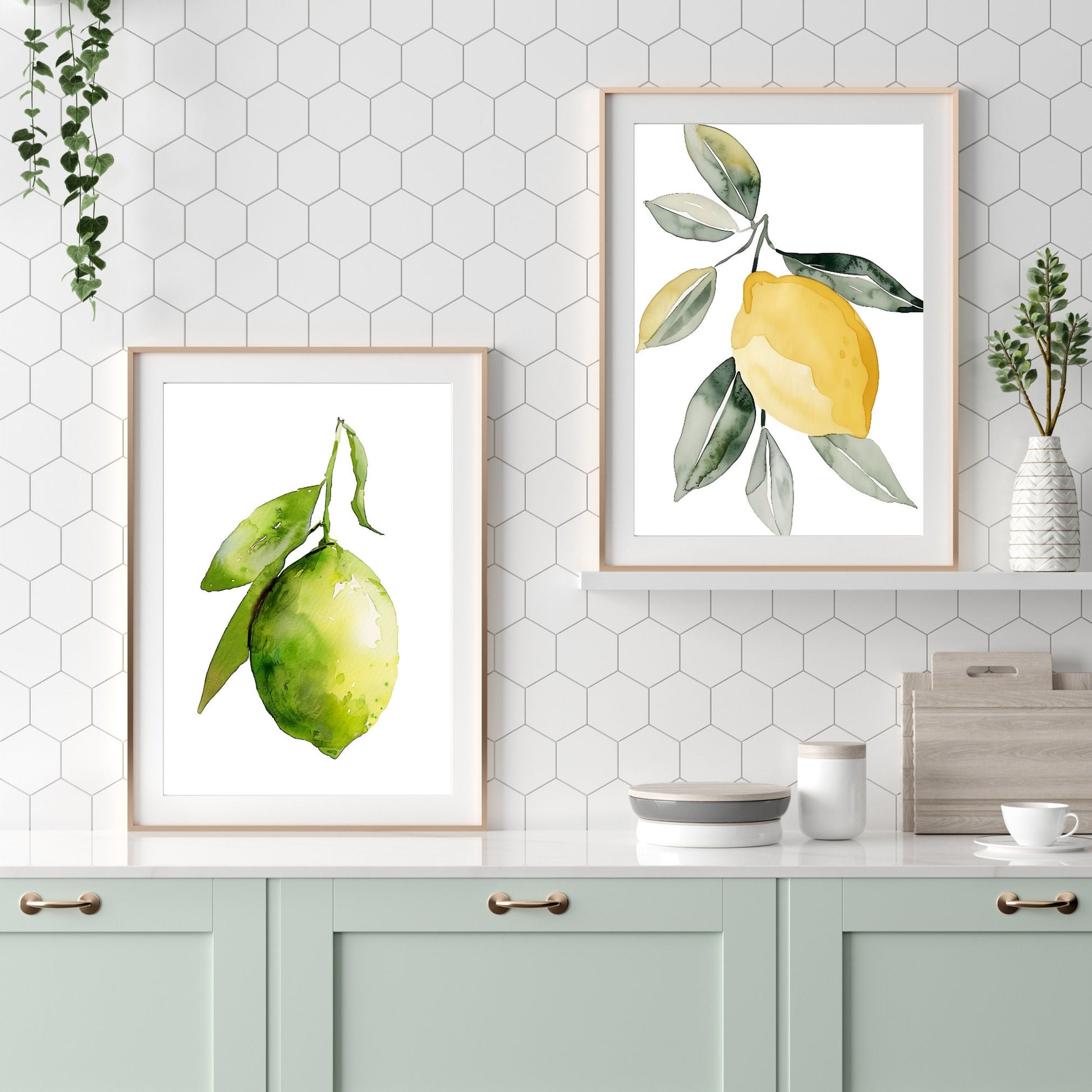 Watercolor Set of 3 Lemon Lime Orange Wall Art Cottagecore Botanical Illustration Print Nature Fruit Art Floral Citrus Food Digital Download