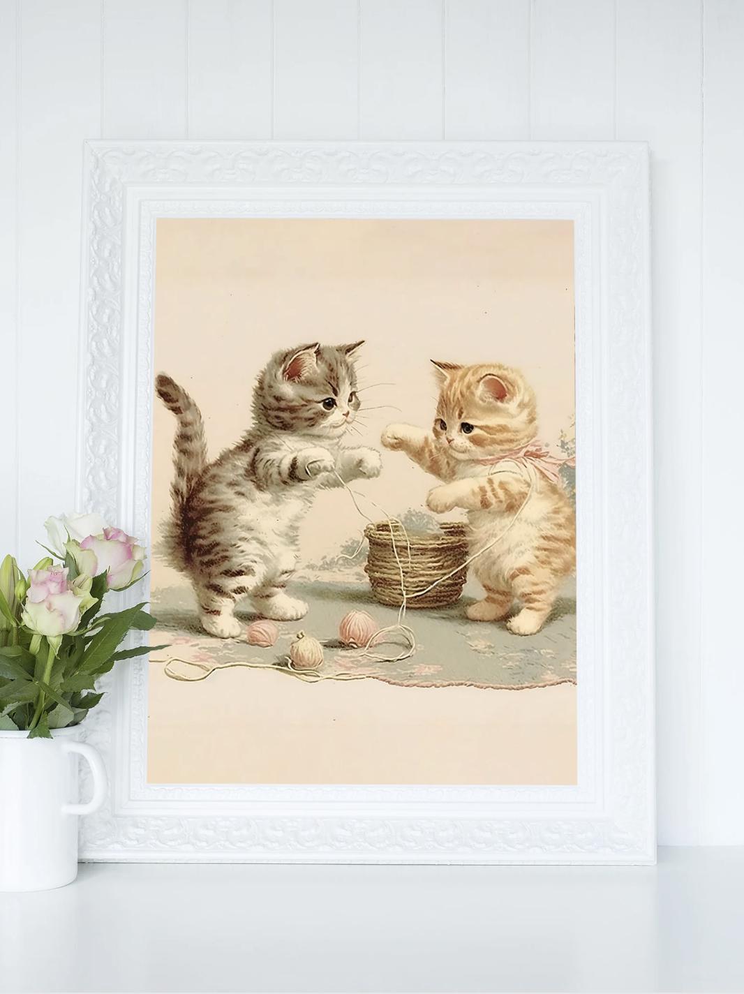 Vintage Set of 5 Nursery Digital Print Bundle, Bunny Softness Art Print, Cat Cottagecore Decor Printable, Countryside Wildlife Illustration