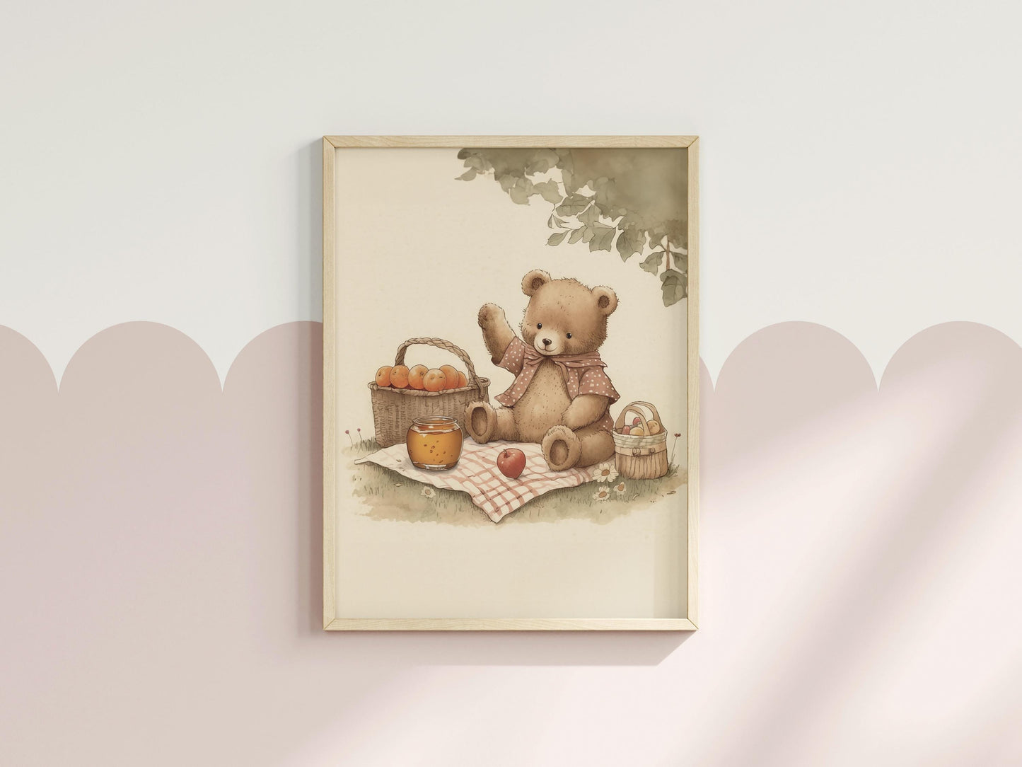 Cute Teddy Bear Picnic Wall Art, Watercolor Illustration Printable, Vintage Cottagecore Digital Print, Whimsical Children Story Art Download