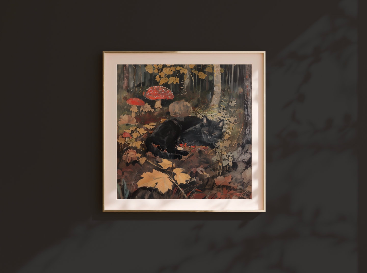 Autumnal Black Cat Fall Leaves Wall Art, Softness Woodland Art Prints, Halloween Printables, Spooky Forest Witchy Nature Digital Download