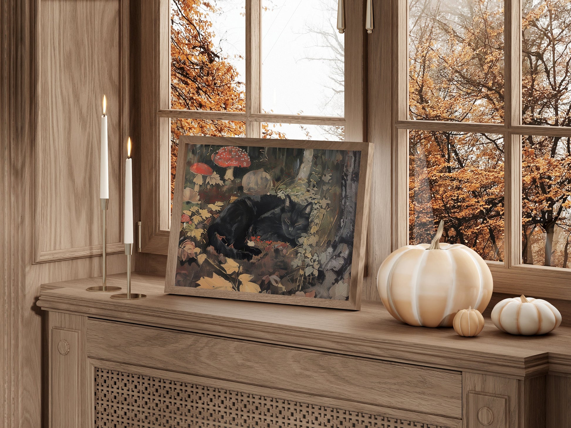 Autumnal Black Cat Fall Leaves Wall Art, Softness Woodland Art Prints, Halloween Printables, Spooky Forest Witchy Nature Digital Download