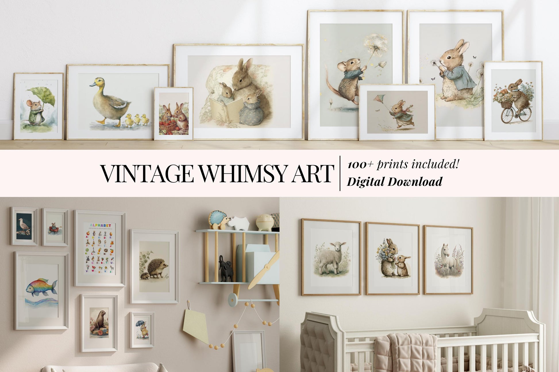 MEGA BUNDLE 100+ Wall Art, Vintage Bunny Softness Watercolor Art Prints Cottagecore Decor, Wildlife Mouse Illustration Digital Download