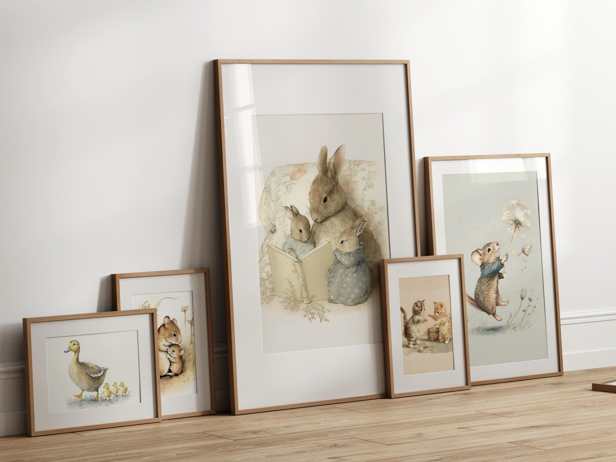Vintage Set of 5 Nursery Digital Print Bundle, Bunny Softness Art Print, Cat Cottagecore Decor Printable, Countryside Wildlife Illustration