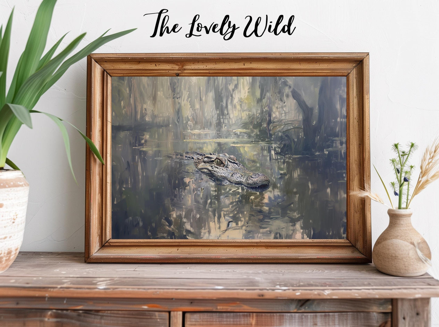 Alligator Painting Wall Art, Swamp Wildlife Printable, Nature Digital Download, Vintage Florida Gator Art Print, Alligator Illustration