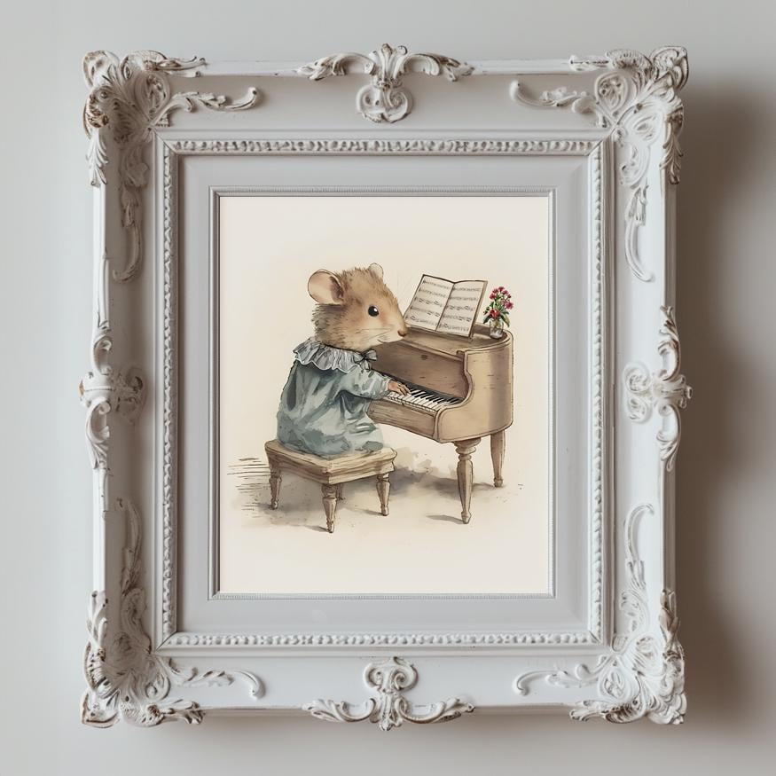 Field Mouse Playing the Piano, Softness Art Print, Cottagecore Nursery Decor, Musical Wall Art, Watercolor Wildlife Illustration Print
