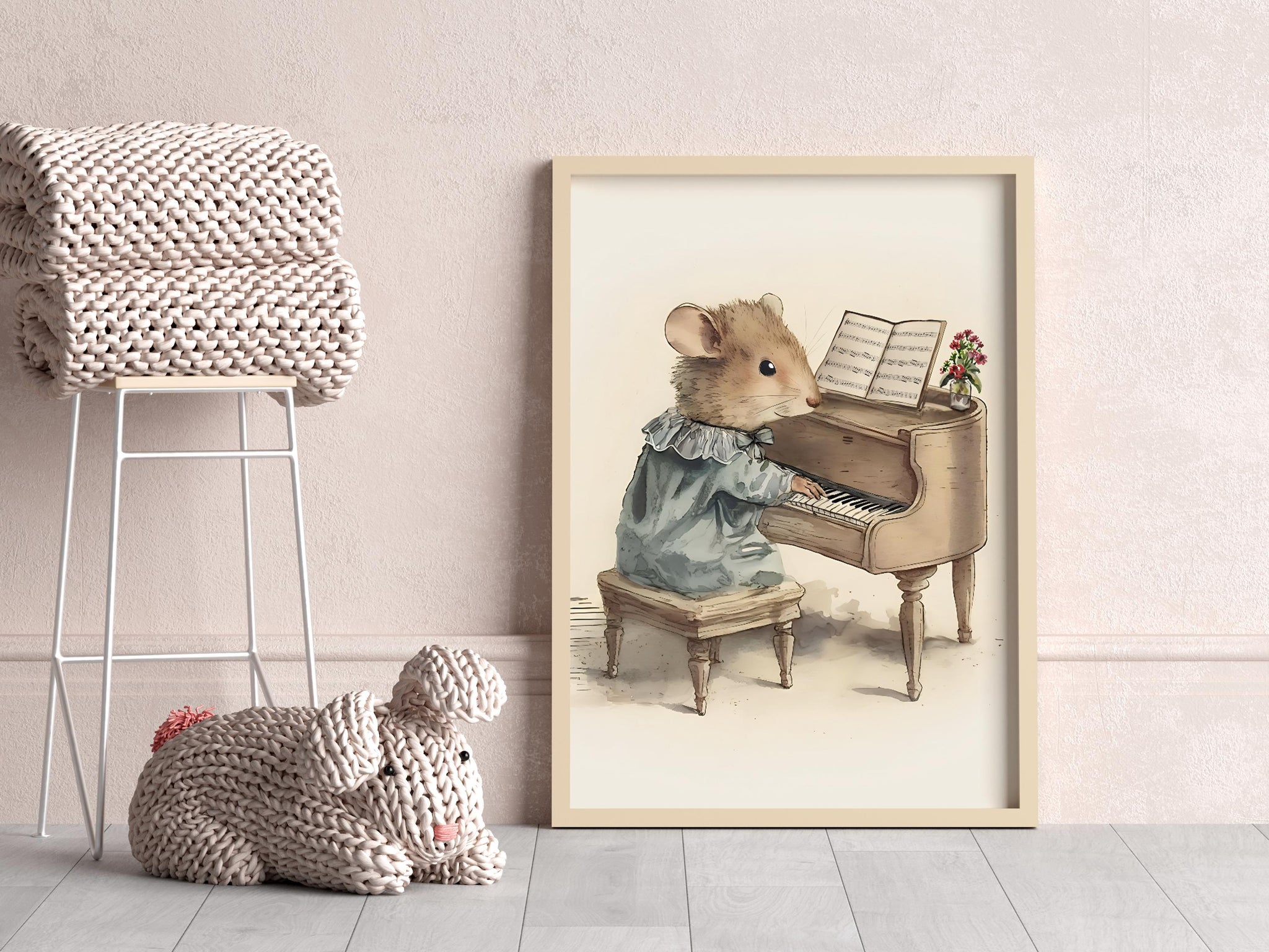 Field Mouse Playing the Piano, Softness Art Print, Cottagecore Nursery Decor, Musical Wall Art, Watercolor Wildlife Illustration Print