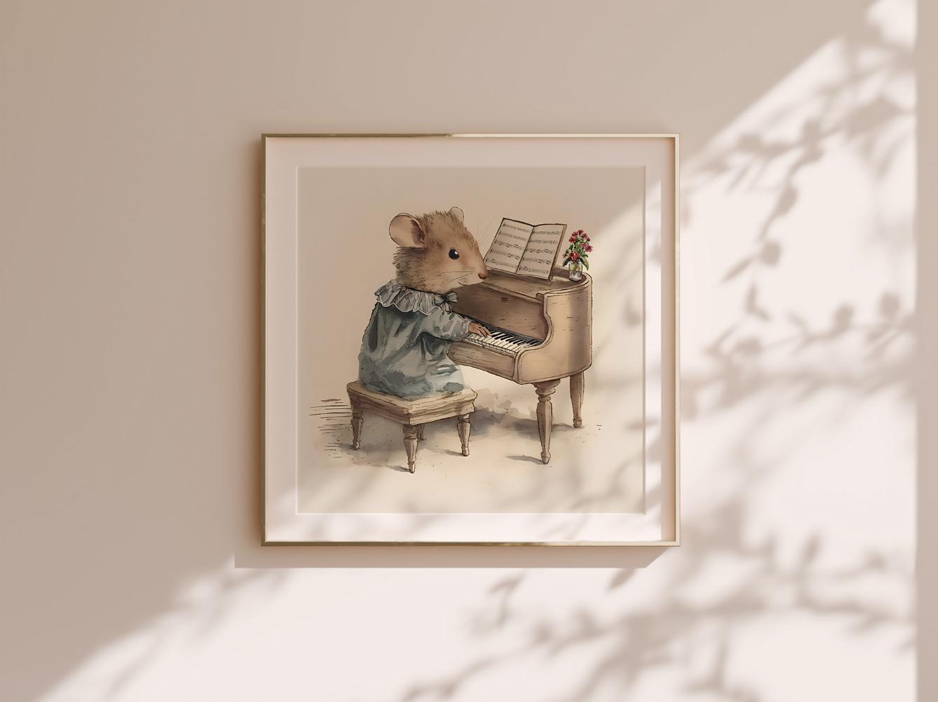Field Mouse Playing the Piano, Softness Art Print, Cottagecore Nursery Decor, Musical Wall Art, Watercolor Wildlife Illustration Print