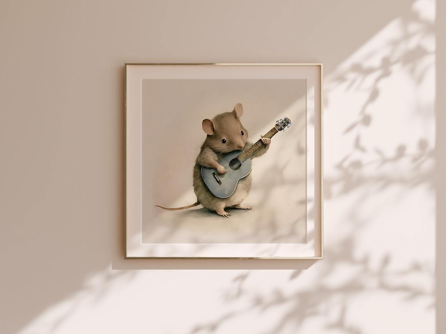 Field Mouse Playing the Guitar, Softness Art Print, Cottagecore Nursery Decor, Musical Wall Art, Watercolor Wildlife Illustration Print