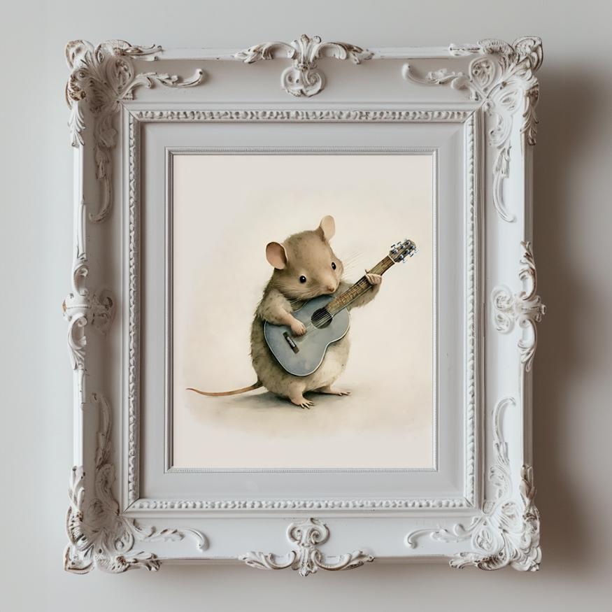 Field Mouse Playing the Guitar, Softness Art Print, Cottagecore Nursery Decor, Musical Wall Art, Watercolor Wildlife Illustration Print