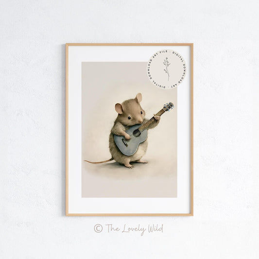 Field Mouse Playing the Guitar, Softness Art Print, Cottagecore Nursery Decor, Musical Wall Art, Watercolor Wildlife Illustration Print