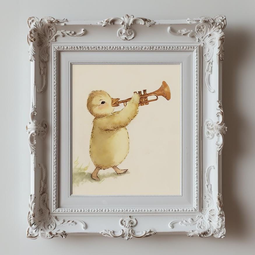 Baby Chick Playing A Trumpet, Softness Art Print, Cottagecore Nursery Decor, Musical Wall Art, Watercolor Wildlife Illustration Print