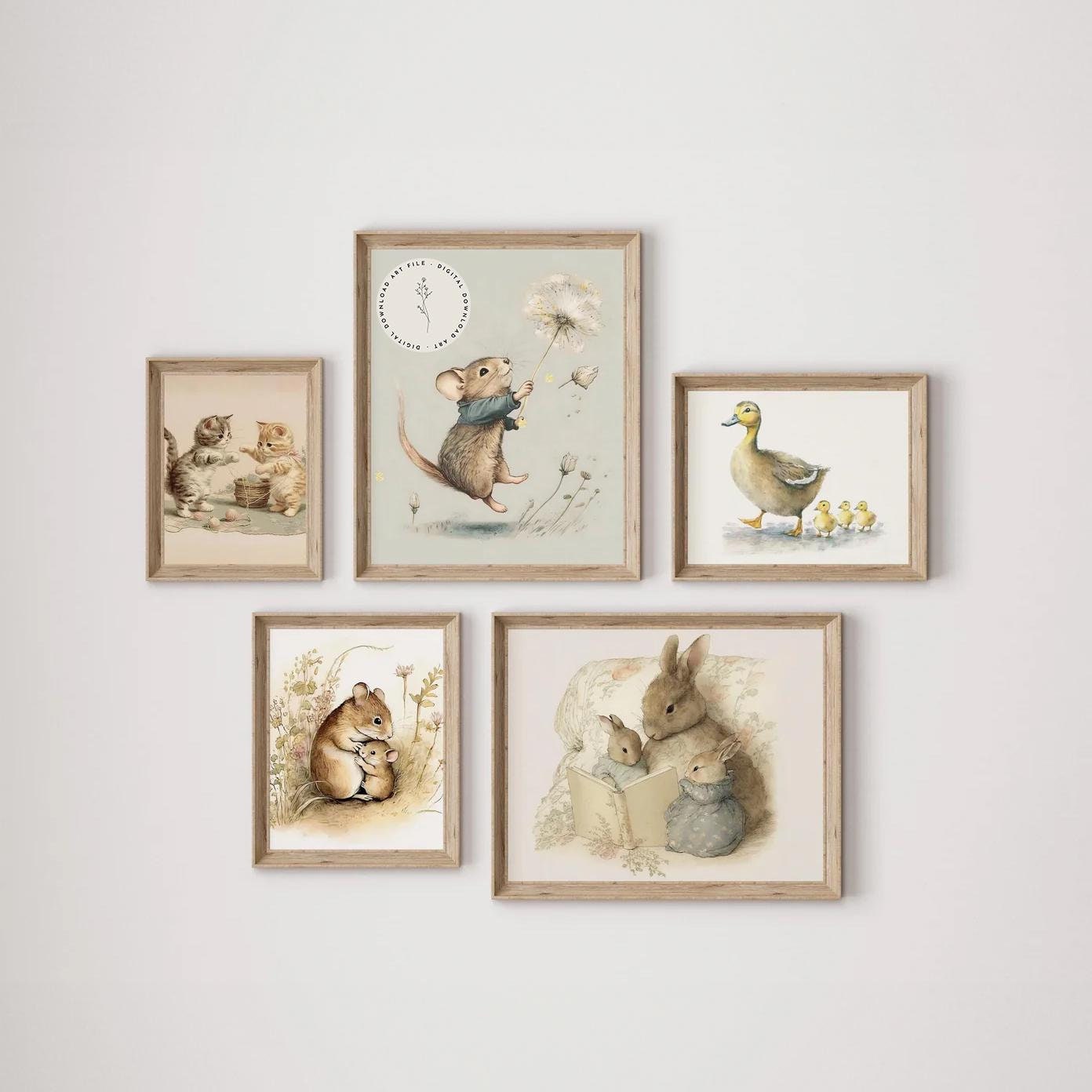MEGA BUNDLE 100+ Art mural, impressions d'art aquarelle douces de lapin vintage, décoration Cottagecore, illustration de souris sauvage, téléchargement numérique