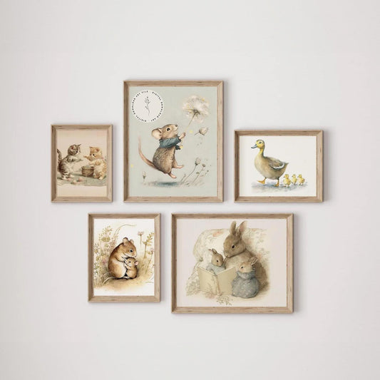 PAQUETE MEGA de más de 100 obras de arte para pared, impresiones de acuarela con suavidad de conejo vintage, decoración estilo cottagecore, ilustración de ratón salvaje, descarga digital