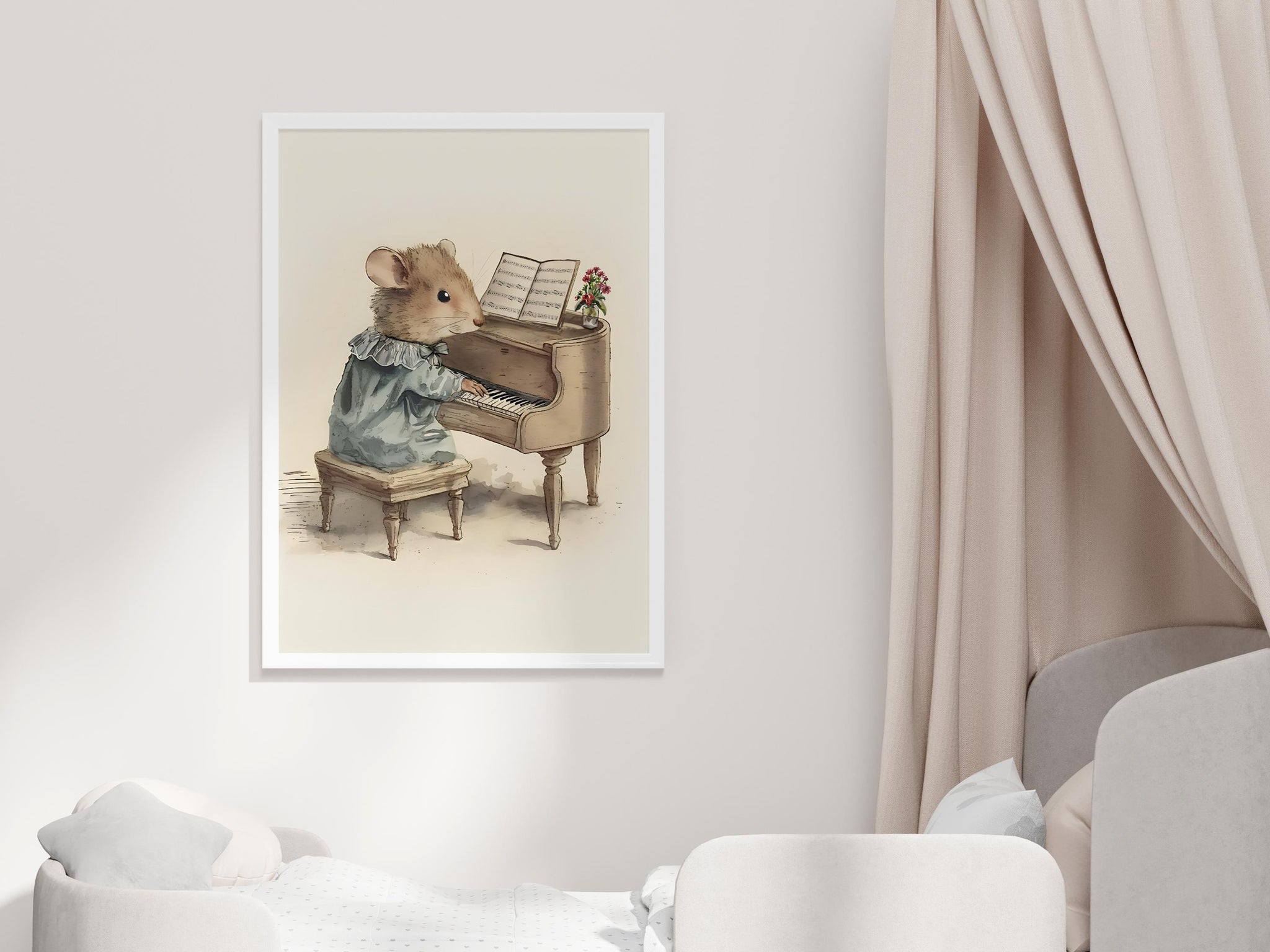 Field Mouse Playing the Piano, Softness Art Print, Cottagecore Nursery Decor, Musical Wall Art, Watercolor Wildlife Illustration Print