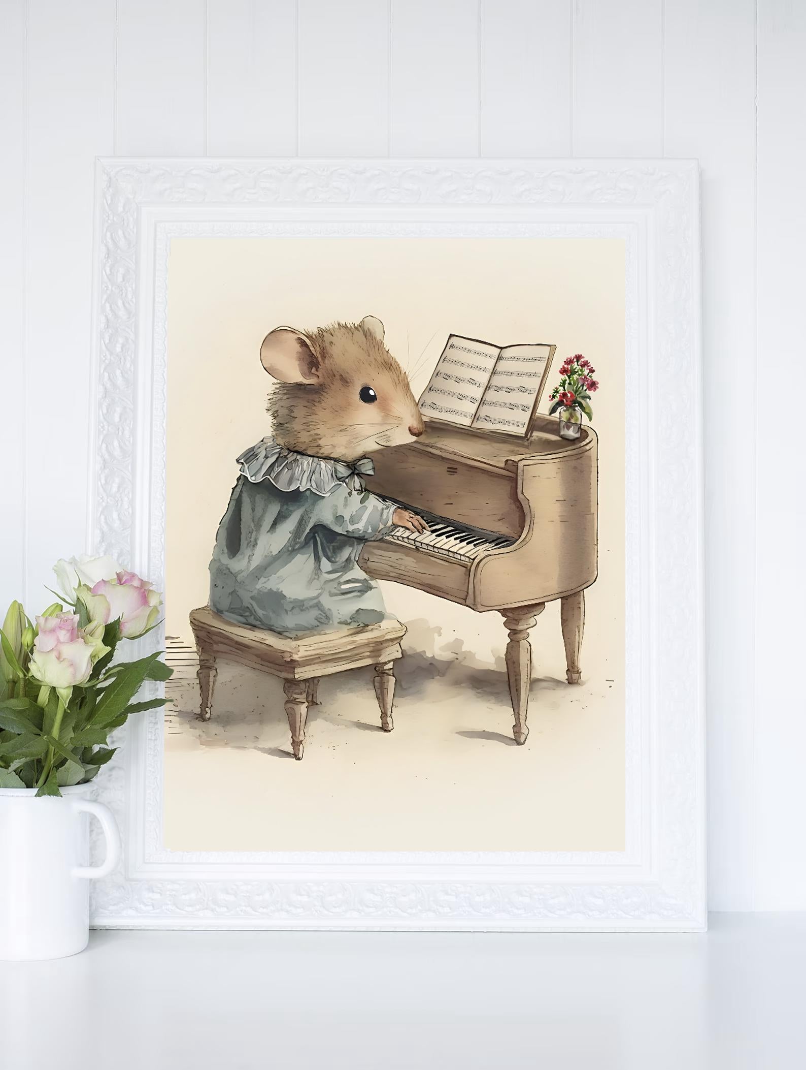 Field Mouse Playing the Piano, Softness Art Print, Cottagecore Nursery Decor, Musical Wall Art, Watercolor Wildlife Illustration Print