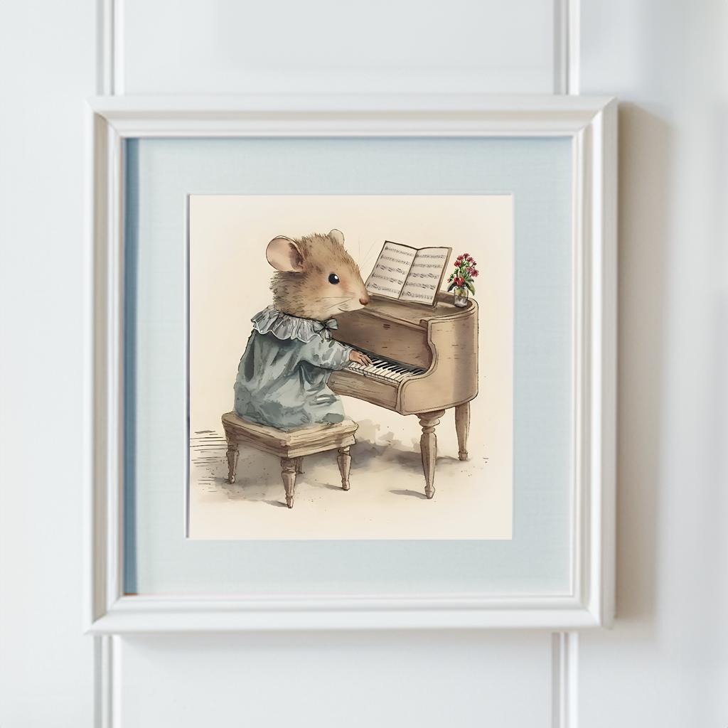 Field Mouse Playing the Piano, Softness Art Print, Cottagecore Nursery Decor, Musical Wall Art, Watercolor Wildlife Illustration Print