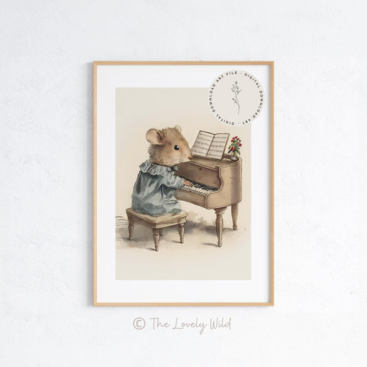 Field Mouse Playing the Piano, Softness Art Print, Cottagecore Nursery Decor, Musical Wall Art, Watercolor Wildlife Illustration Print