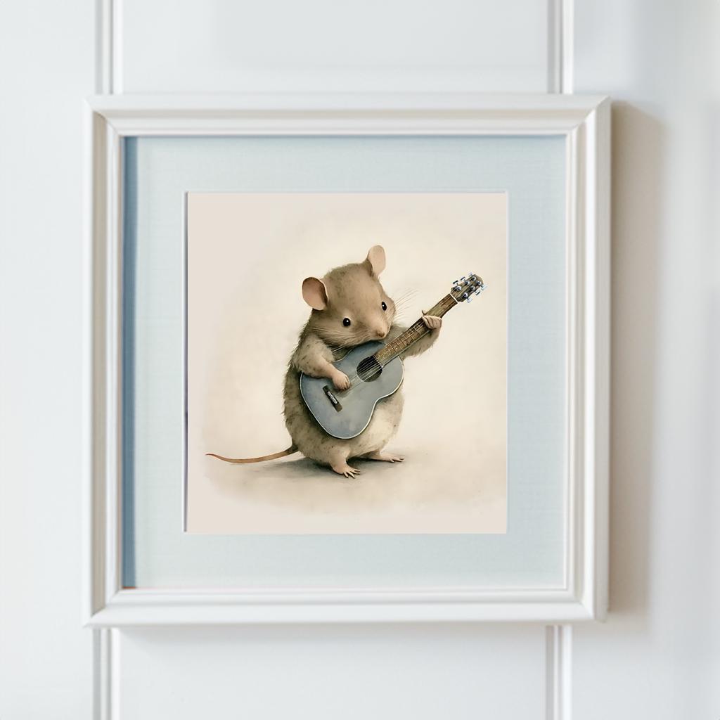 Field Mouse Playing the Guitar, Softness Art Print, Cottagecore Nursery Decor, Musical Wall Art, Watercolor Wildlife Illustration Print