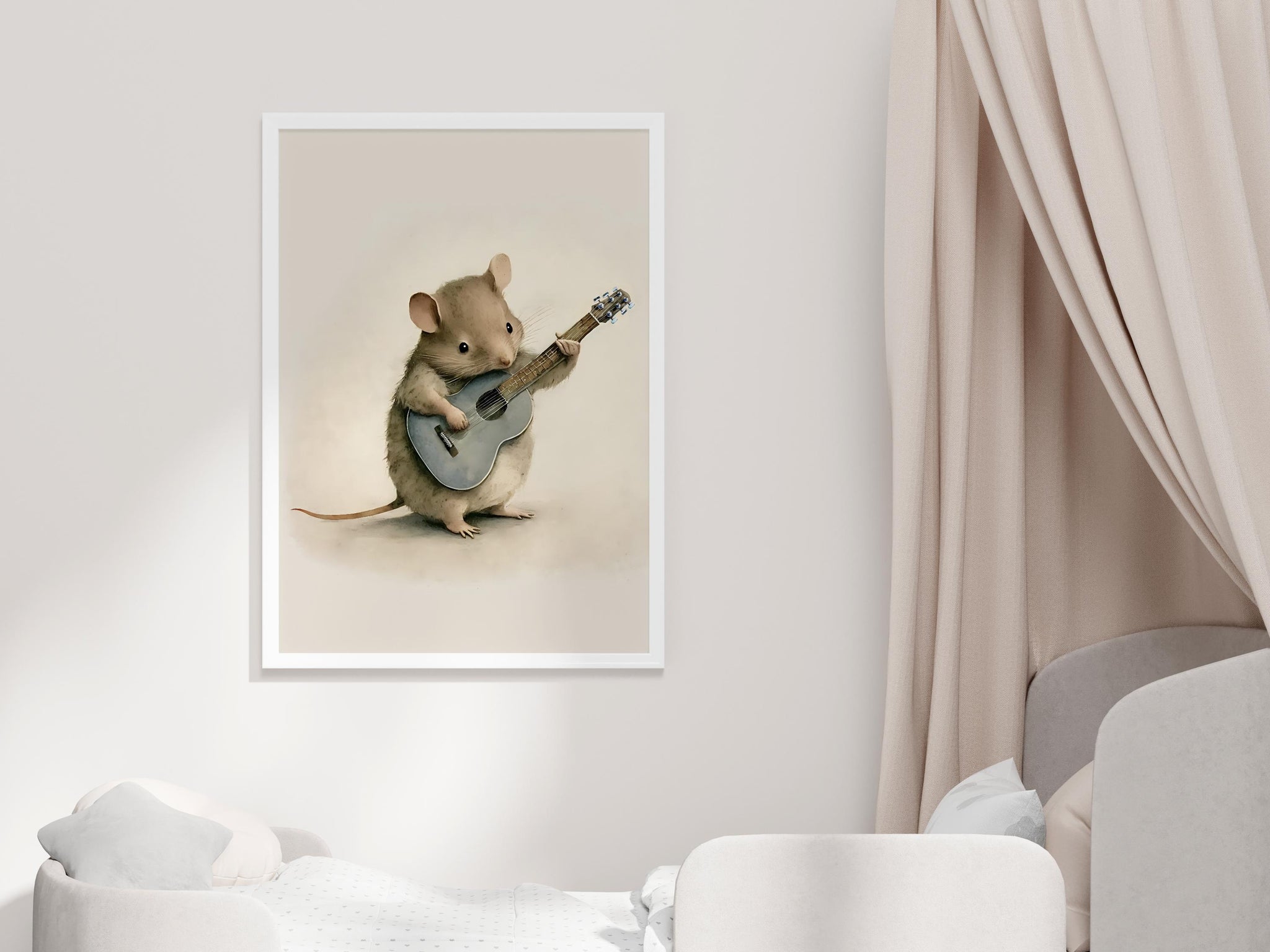 Field Mouse Playing the Guitar, Softness Art Print, Cottagecore Nursery Decor, Musical Wall Art, Watercolor Wildlife Illustration Print