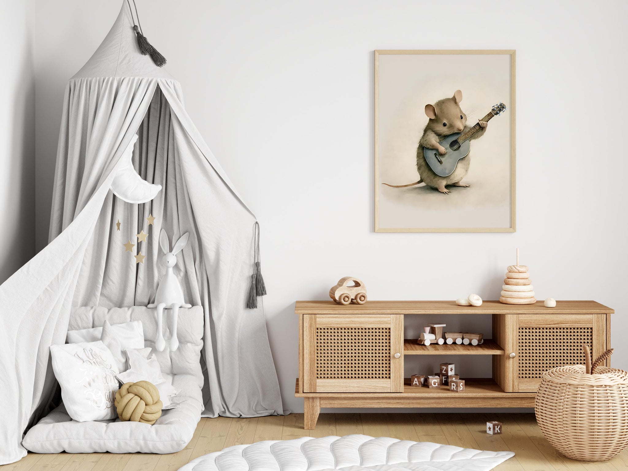 Field Mouse Playing the Guitar, Softness Art Print, Cottagecore Nursery Decor, Musical Wall Art, Watercolor Wildlife Illustration Print