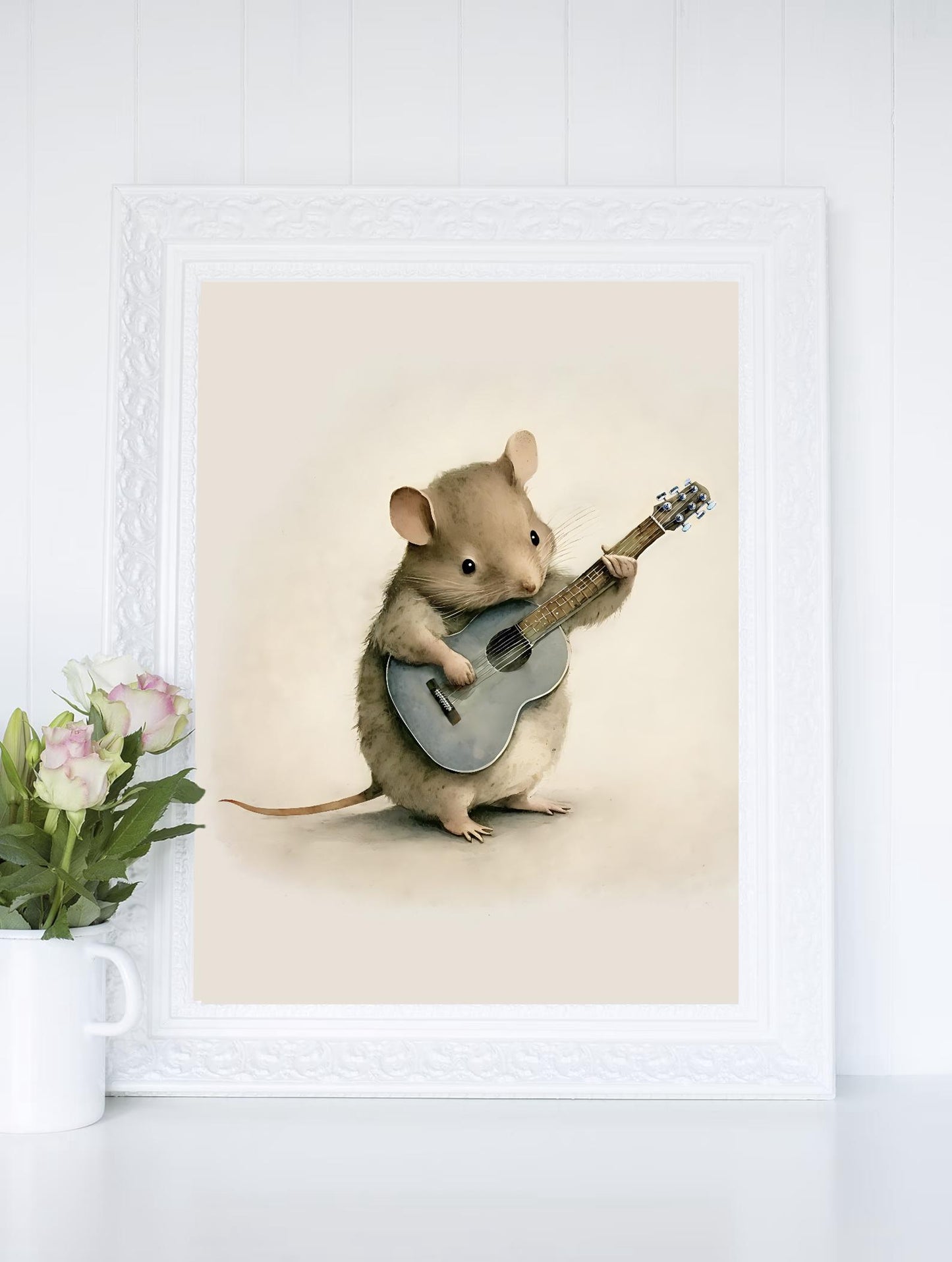 Field Mouse Playing the Guitar, Softness Art Print, Cottagecore Nursery Decor, Musical Wall Art, Watercolor Wildlife Illustration Print