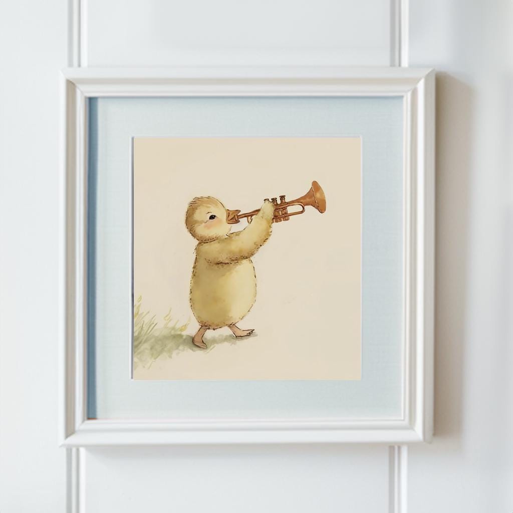 Baby Chick Playing A Trumpet, Softness Art Print, Cottagecore Nursery Decor, Musical Wall Art, Watercolor Wildlife Illustration Print