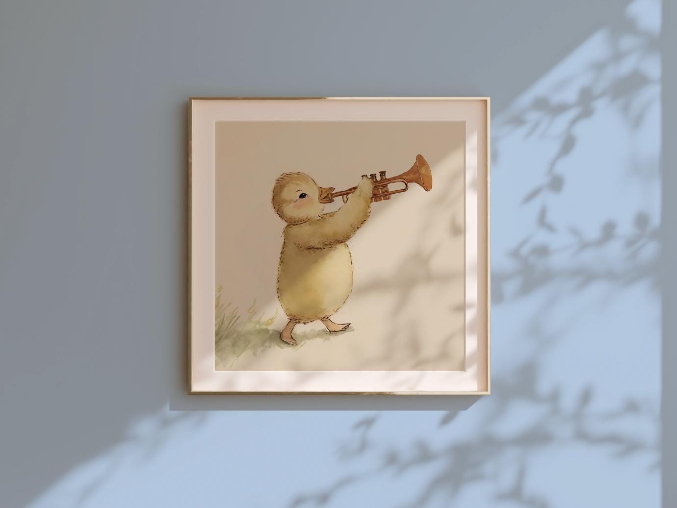 Baby Chick Playing A Trumpet, Softness Art Print, Cottagecore Nursery Decor, Musical Wall Art, Watercolor Wildlife Illustration Print