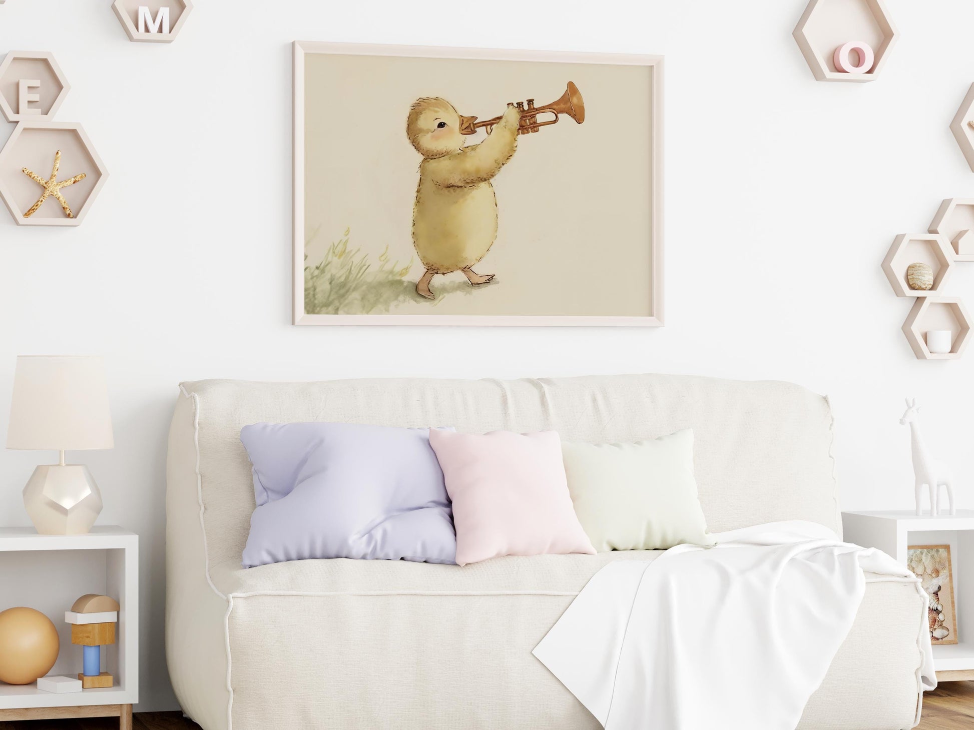 Baby Chick Playing A Trumpet, Softness Art Print, Cottagecore Nursery Decor, Musical Wall Art, Watercolor Wildlife Illustration Print