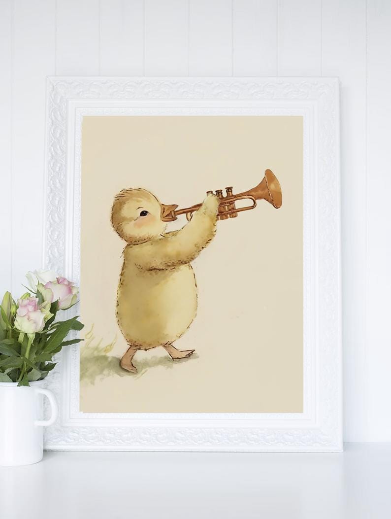 Baby Chick Playing A Trumpet, Softness Art Print, Cottagecore Nursery Decor, Musical Wall Art, Watercolor Wildlife Illustration Print