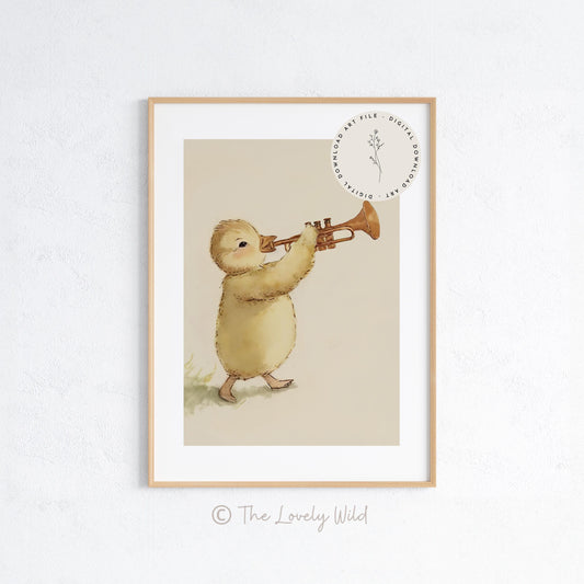 Baby Chick Playing A Trumpet, Softness Art Print, Cottagecore Nursery Decor, Musical Wall Art, Watercolor Wildlife Illustration Print