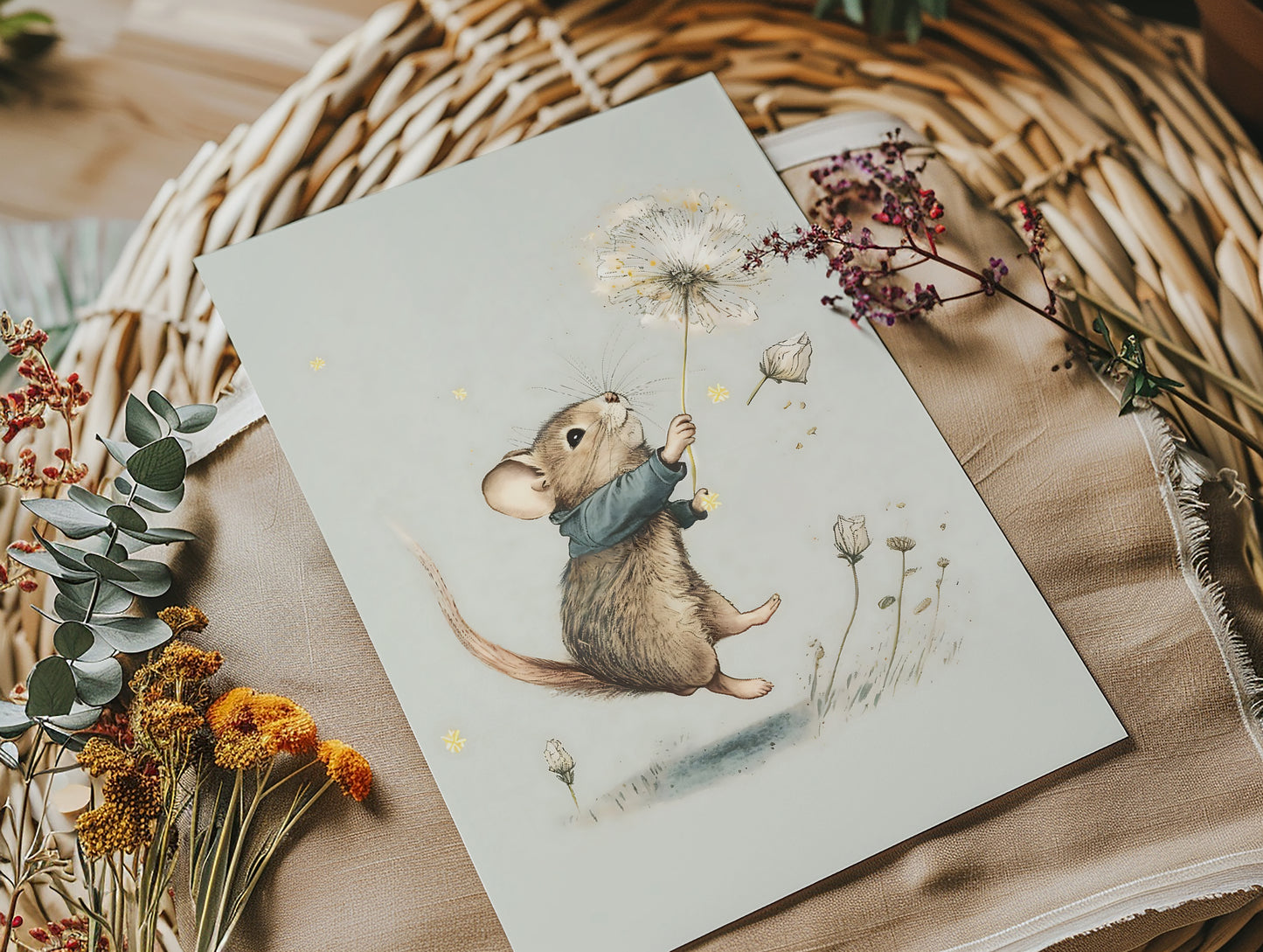 Mouse Flying with Dandelion - Premium Matte Paper Poster