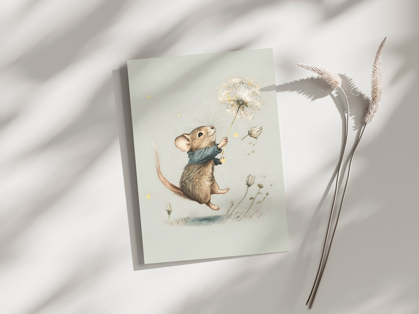 Mouse Flying with Dandelion - Premium Matte Paper Poster