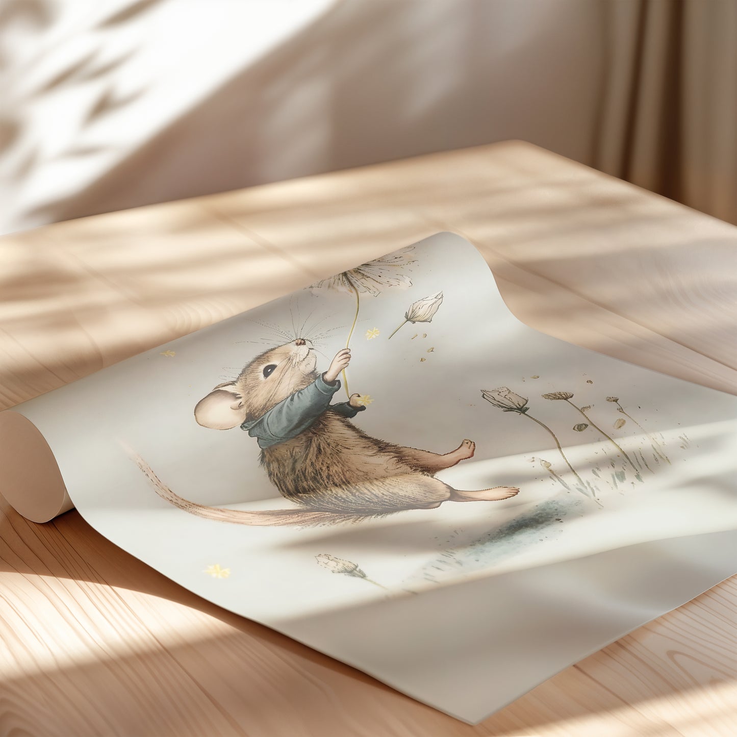 Mouse Flying with Dandelion - Premium Matte Paper Poster