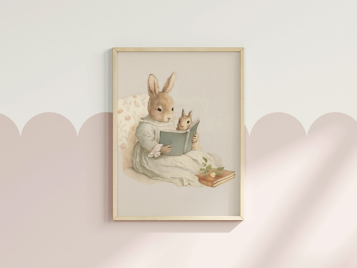 Mother Bunny Rabbit Reading To Baby - Printable Digital Art