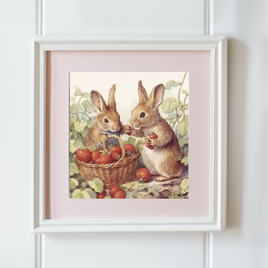 Bunny Rabbits Picking Strawberries - Printable Digital Art