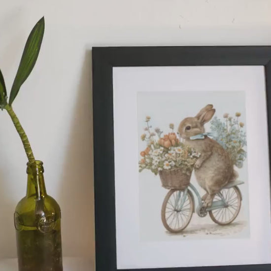 Bunny Rabbit on a Bike Printable Softness Art Print, Cottagecore Nursery Decor Countryside Wildlife Wall Art Watercolor Cycling Illustration