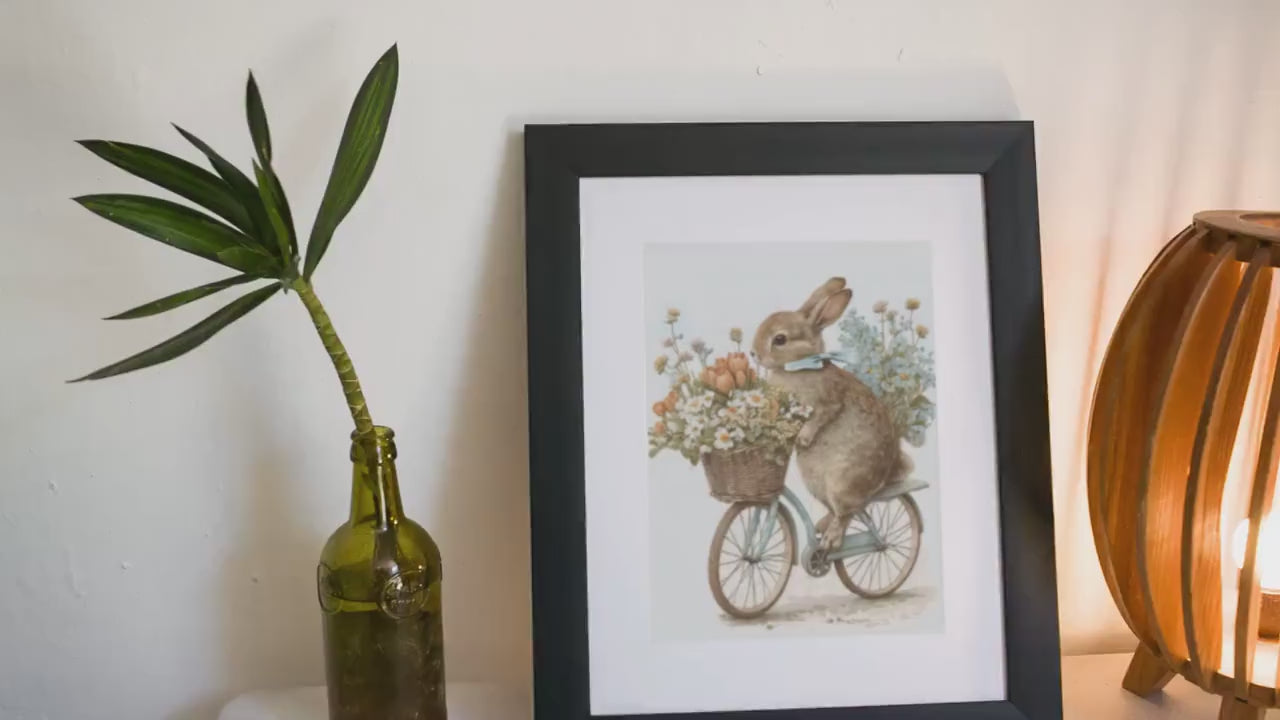 Bunny Rabbit on a Bike Printable Softness Art Print, Cottagecore Nursery Decor Countryside Wildlife Wall Art Watercolor Cycling Illustration