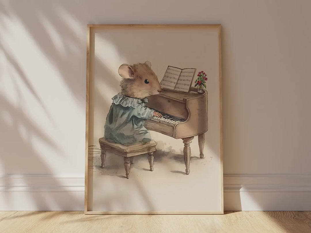 Field Mouse Playing the Piano, Softness Art Print, Cottagecore Nursery Decor, Musical  Wall Art, Watercolor Wildlife Illustration Print