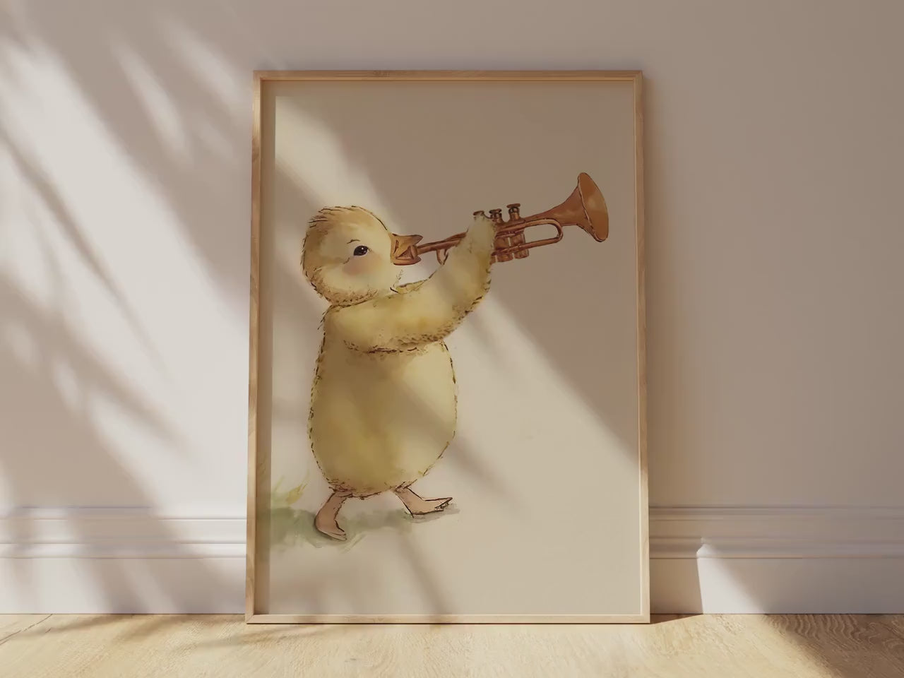 Baby Chick Playing A Trumpet, Softness Art Print, Cottagecore Nursery Decor, Musical Wall Art, Watercolor Wildlife Illustration Print