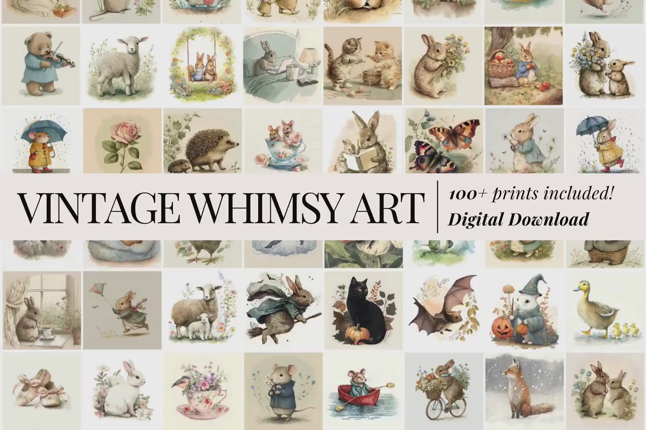 MEGA BUNDLE 100+ Wall Art, Vintage Bunny Softness Watercolor Art Prints Cottagecore Decor, Wildlife Mouse Illustration Digital Download