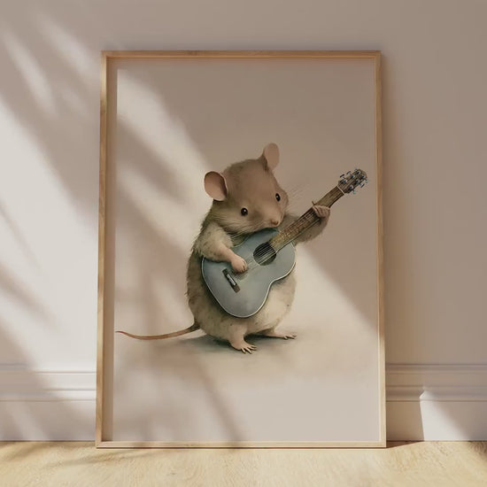 Field Mouse Playing the Guitar, Softness Art Print, Cottagecore Nursery Decor, Musical  Wall Art, Watercolor Wildlife Illustration Print